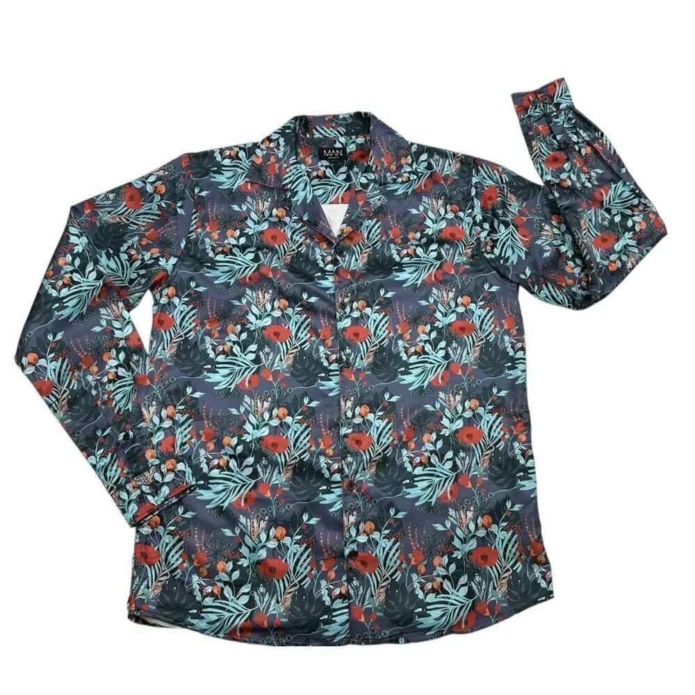 Boohoo MAN Vibrant Floral Long Sleeve Button Up Polyester Shirt Men’s Size Large